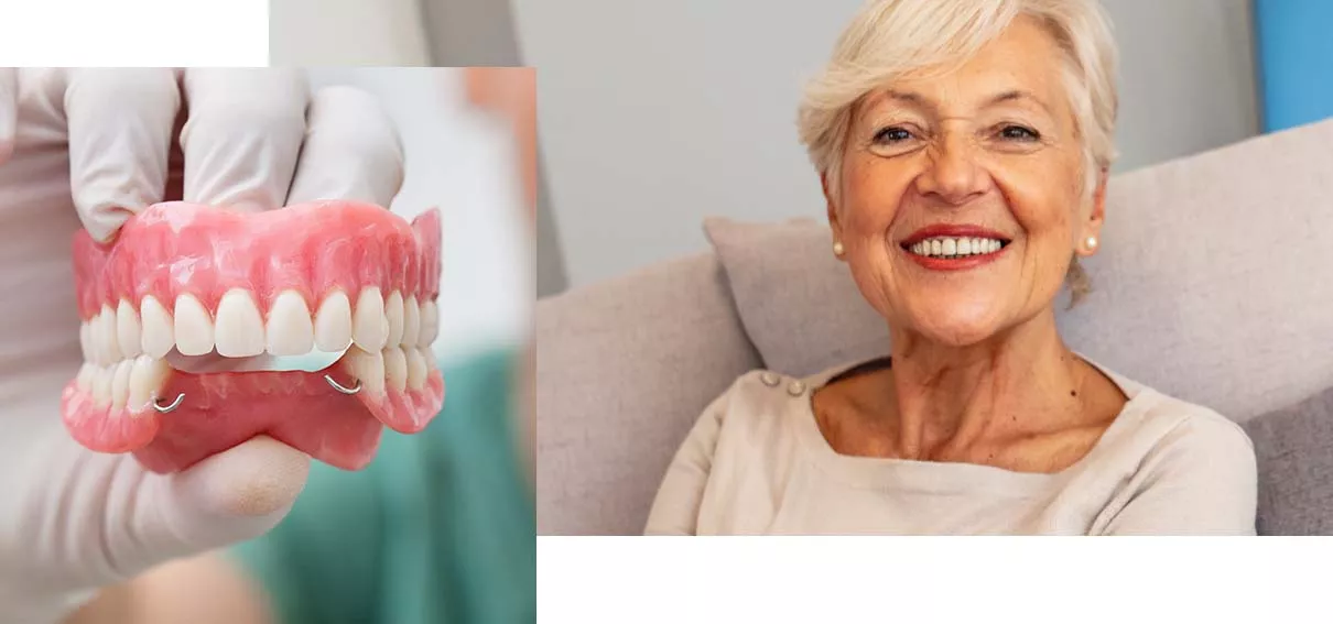 Older woman sitting on couch and smiling. Inset photo of a denture.